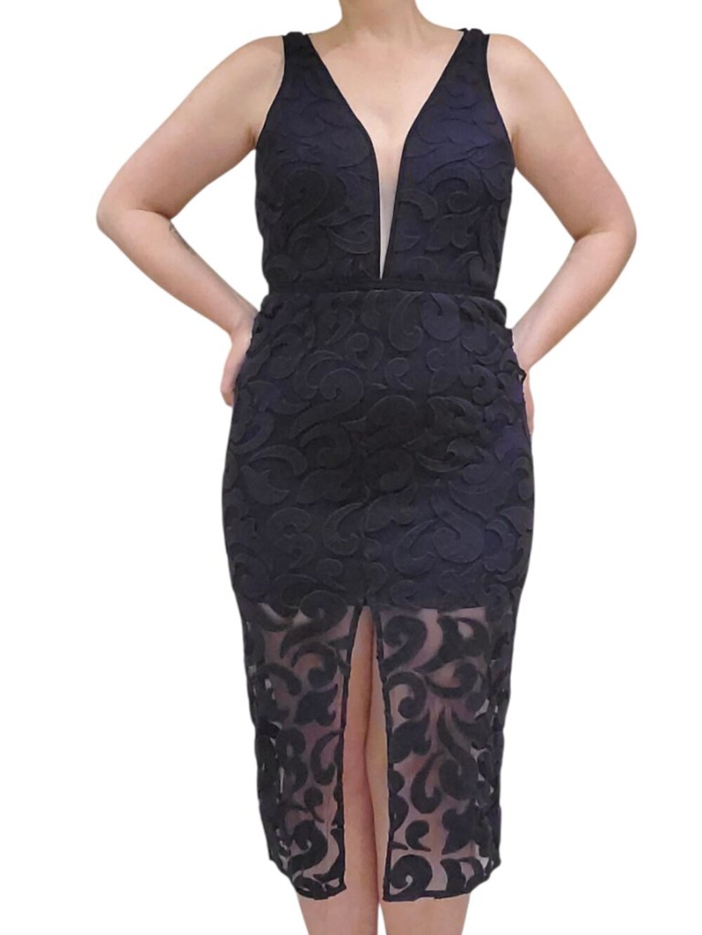 Manning Cartell Navy Blue Lace Plunge Midi Dress Cocktail Holiday Dress Size S